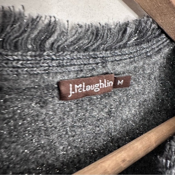 J. McLaughlin Gray Silver Metallic Shimmer Tassel Fringe Hem Sweater Size Medium - Picture 6 of 6